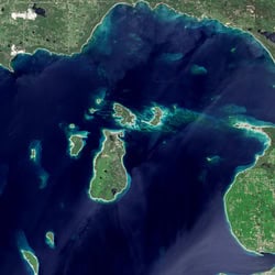 A satellite image of Beaver Island in Lake Michigan, one of the test locations. Beaver Island is the largest in the photo.  
Photo

credit: NASA Earth Obvervatory